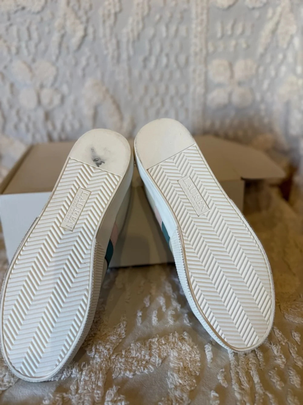 Lauren Ralph Lauren Cream Sneakers with Pink & Teal Stripes